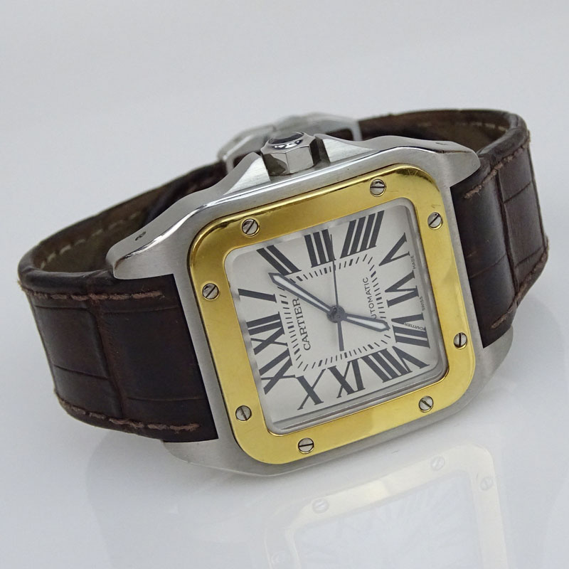 Man's Cartier de Santos 2656 Stainless Steel and 18 Karat Yellow Gold Automatic Movement Watch with Crocodile Strap