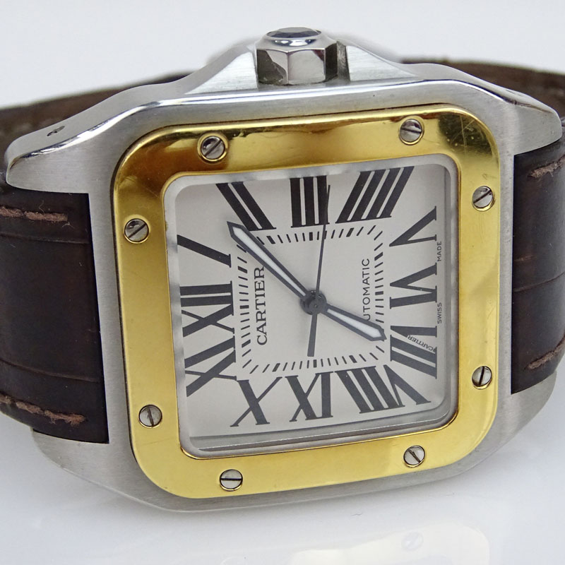 Man's Cartier de Santos 2656 Stainless Steel and 18 Karat Yellow Gold Automatic Movement Watch with Crocodile Strap