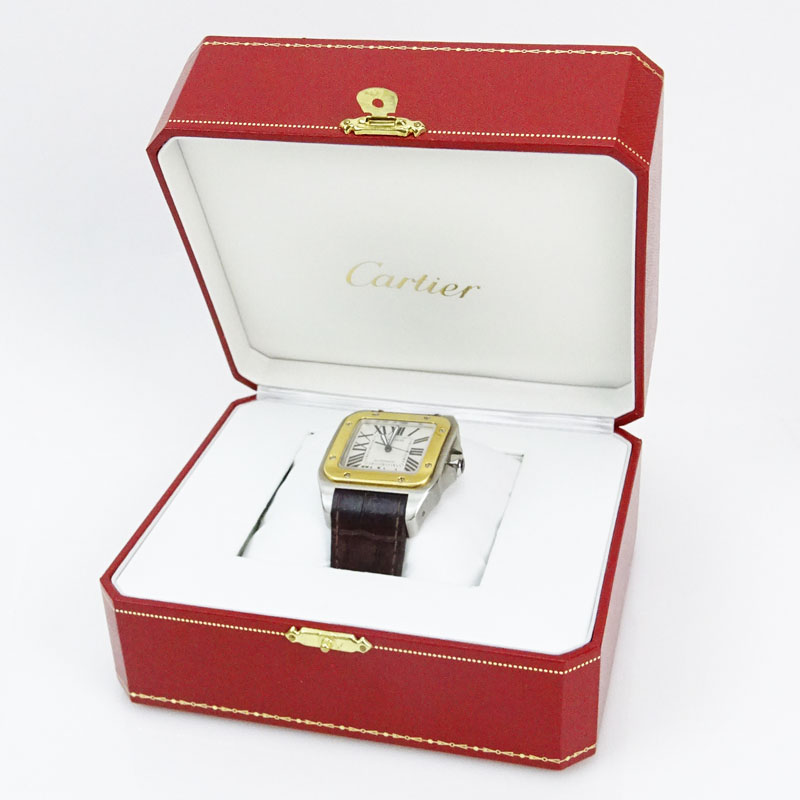 Man's Cartier de Santos 2656 Stainless Steel and 18 Karat Yellow Gold Automatic Movement Watch with Crocodile Strap