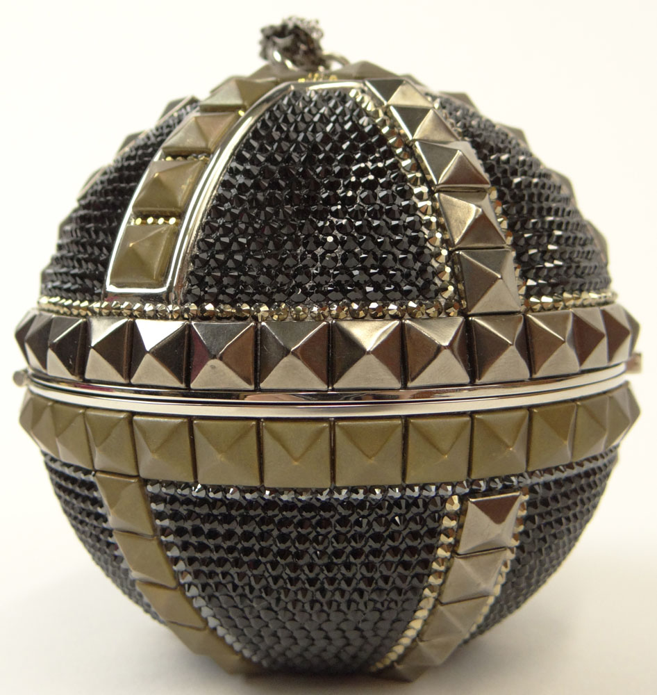 Brand New Judith Leiber Black Crystal Pyramid Studded Sphere Disco Holiday Ball Clutch Minaudière Evening Bag with 18 Inch Chain Strap and Applied Jet Decoration