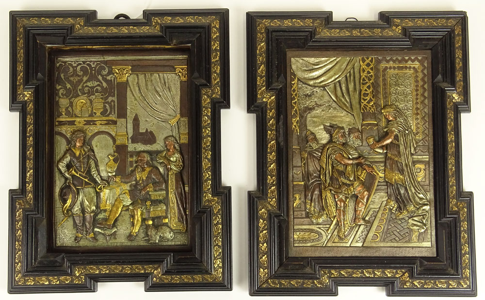 Pair of 19/20th century Renaissance style polychrome relief plaques, possibly white metal or lead