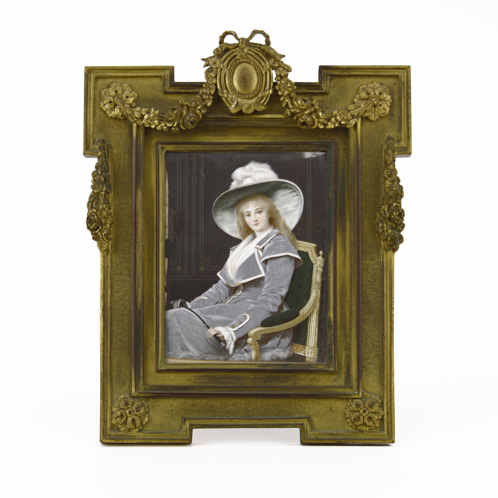 19th Century Hand Painted Portrait Miniature in Heavy Gilt Bronze Frame