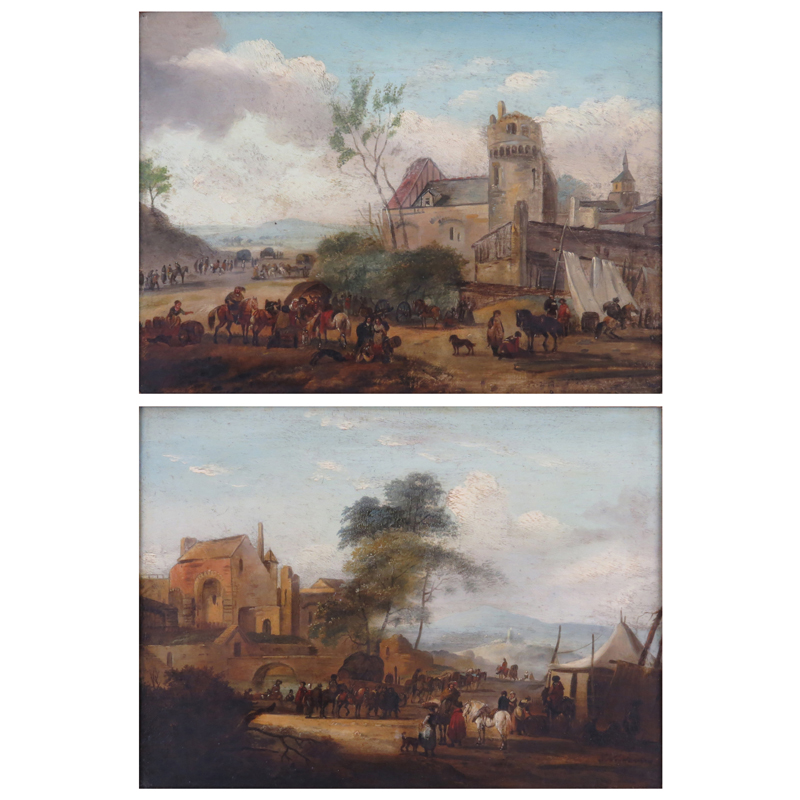 Follower of Philips Wouwerman, Dutch (1619-1668) Pair of oil on panels both depicting "Encampment On Castle Grounds" One signed lower right
