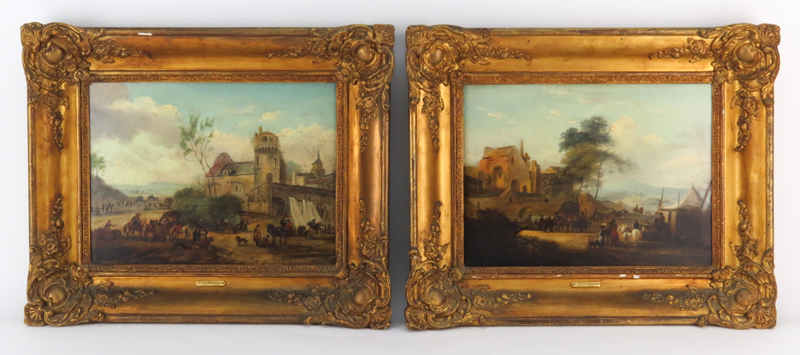 Follower of Philips Wouwerman, Dutch (1619-1668) Pair of oil on panels both depicting "Encampment On Castle Grounds" One signed lower right