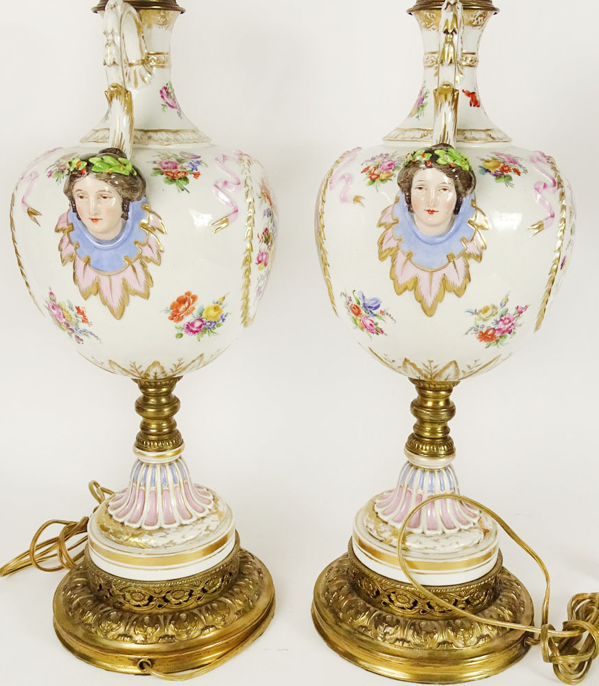 Pair of Antique KPM Porcelain Hand painted and Transferred Decorated Figural Lamps on Bronze Mounting