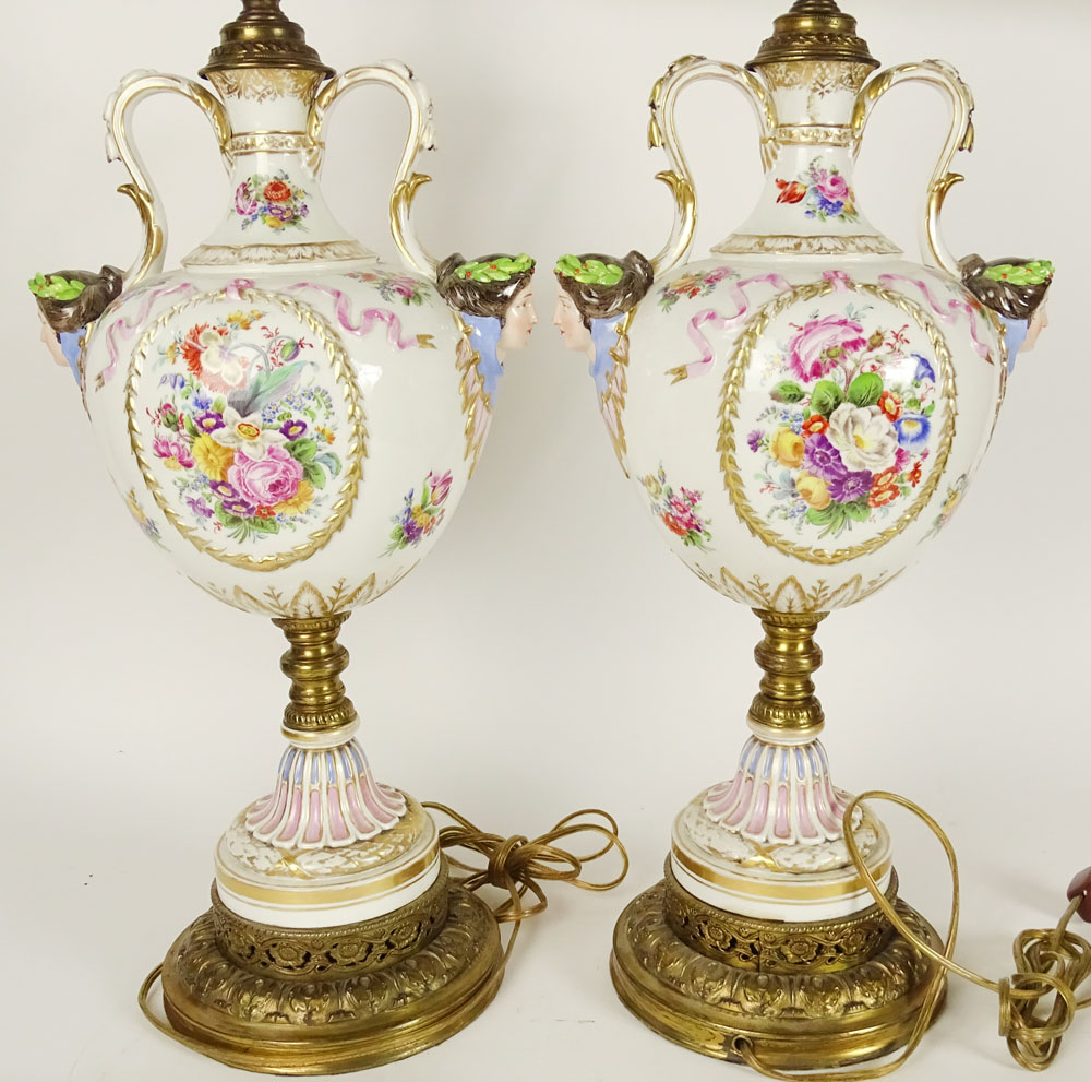 Pair of Antique KPM Porcelain Hand painted and Transferred Decorated Figural Lamps on Bronze Mounting