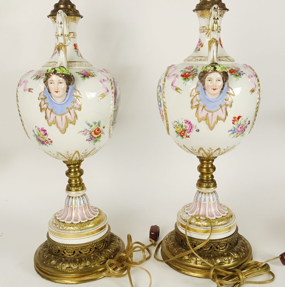 Pair of Antique KPM Porcelain Hand painted and Transferred Decorated Figural Lamps on Bronze Mounting