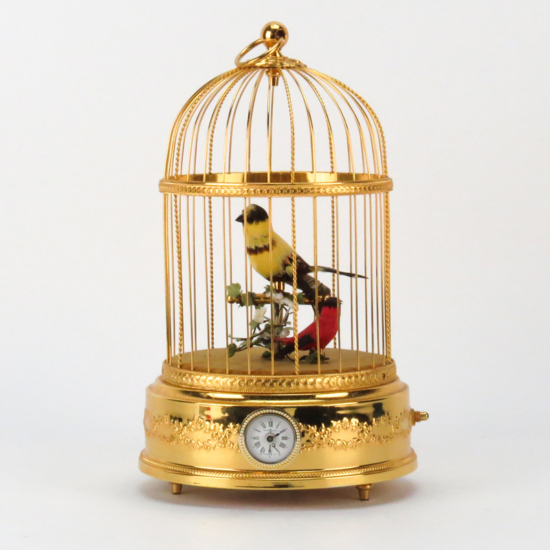 Reuge, Swiss, Two-Bird Singing Bird Cage with Alarm Clock, Battery Powered