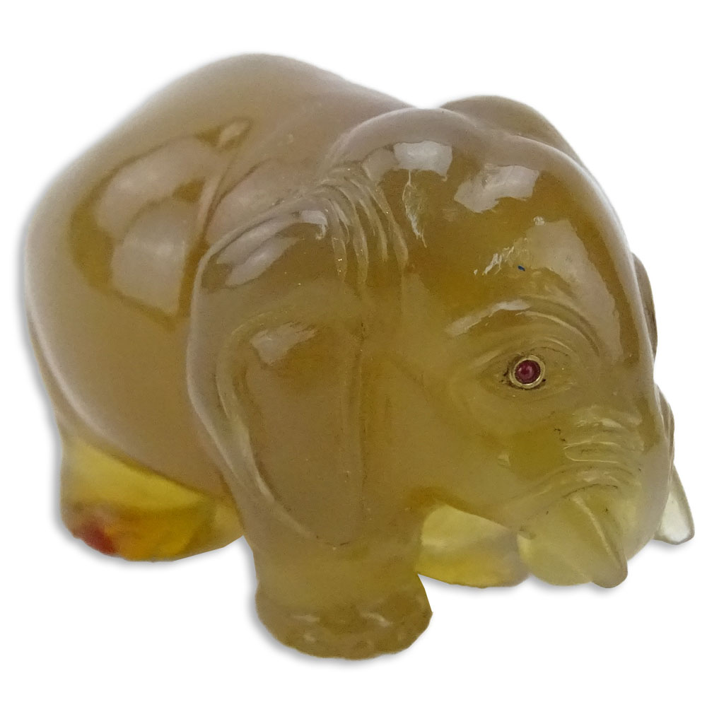 20th Century Russian Carved Carnelian Miniature Elephant Figure in fitted box signed Faberge