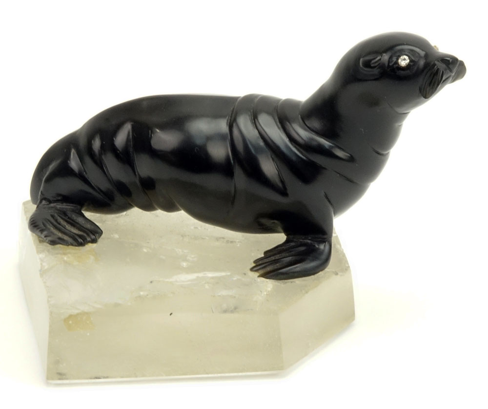 20th Century Russian Carved Obsidian Seal with Rose Cut Diamond Eyes on Carved Rock Crystal base