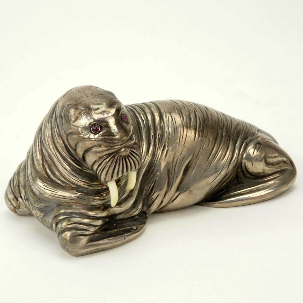 20th Century Russian 88 Silver Figural Walrus with Ruby Eyes