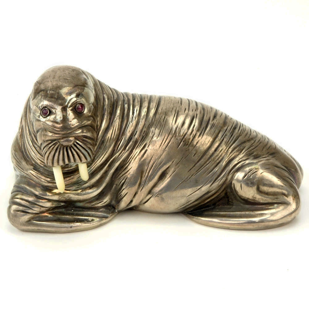 20th Century Russian 88 Silver Figural Walrus with Ruby Eyes