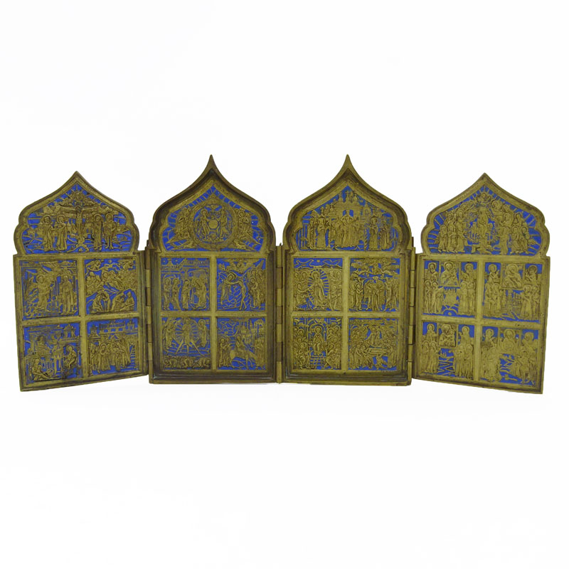 Four (4) Antique Russian Bronze and Enamel Religious Plaques