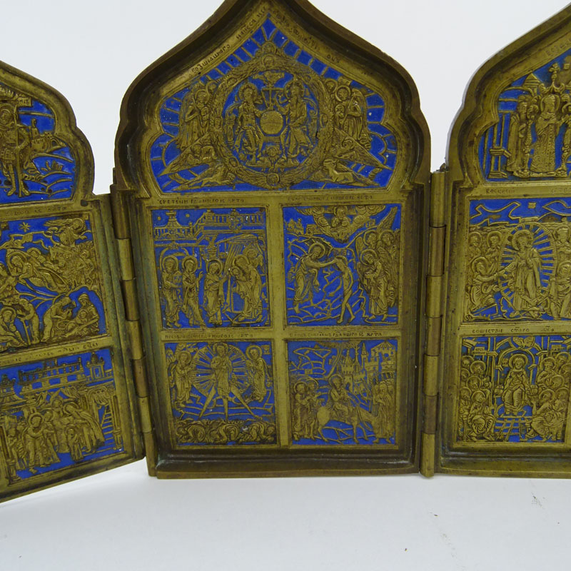 Four (4) Antique Russian Bronze and Enamel Religious Plaques