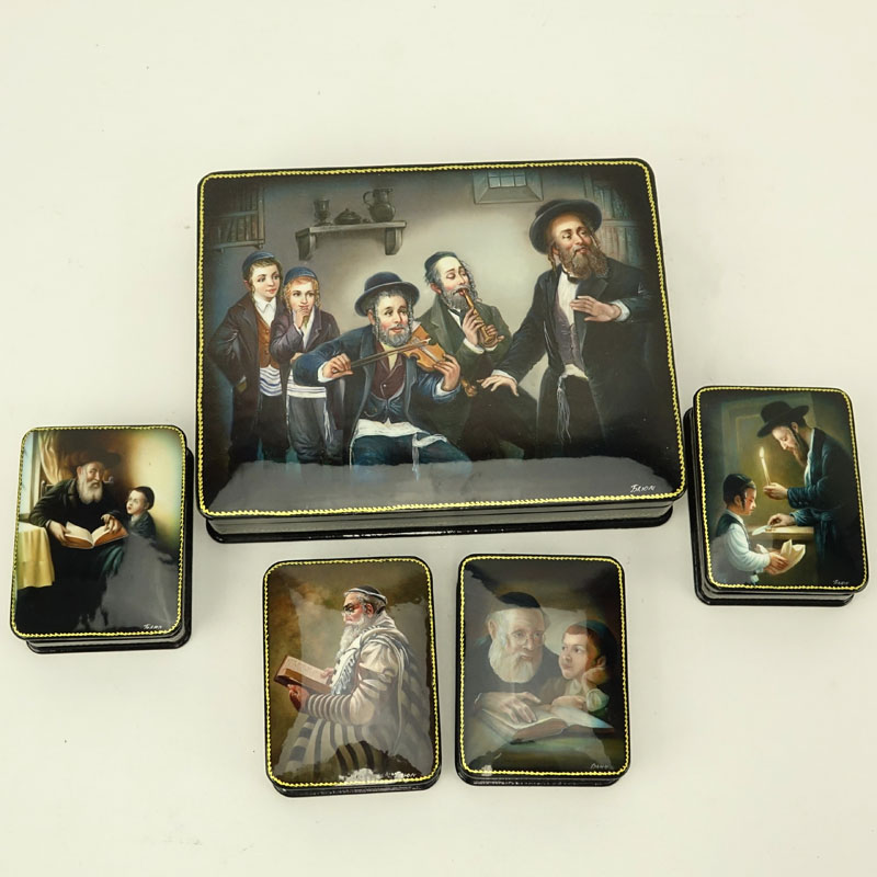 Collection of Five (5) Russian Judaica Lacquered Boxes