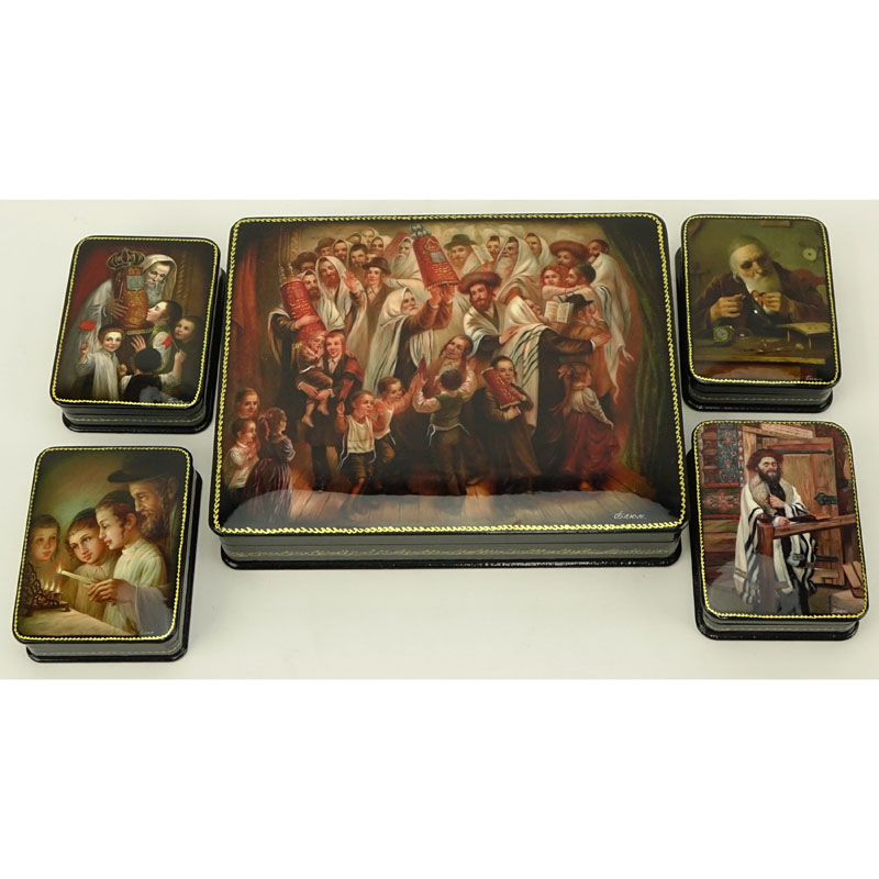 Collection of Five (5) Russian Judaica Lacquered Boxes