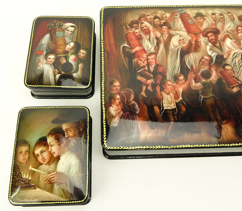 Collection of Five (5) Russian Judaica Lacquered Boxes