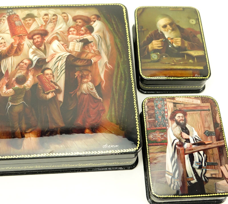 Collection of Five (5) Russian Judaica Lacquered Boxes