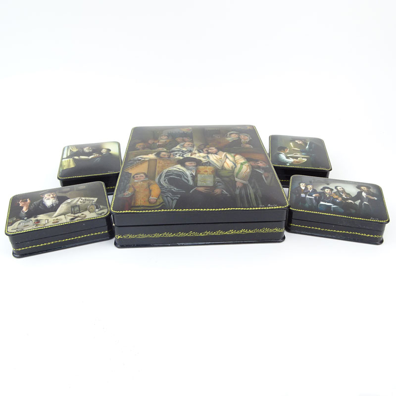 Collection of Five (5) Russian Judaica Lacquered Boxes