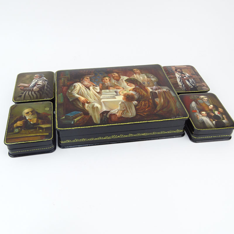 Collection of Five (5) Russian Judaica Lacquered Boxes