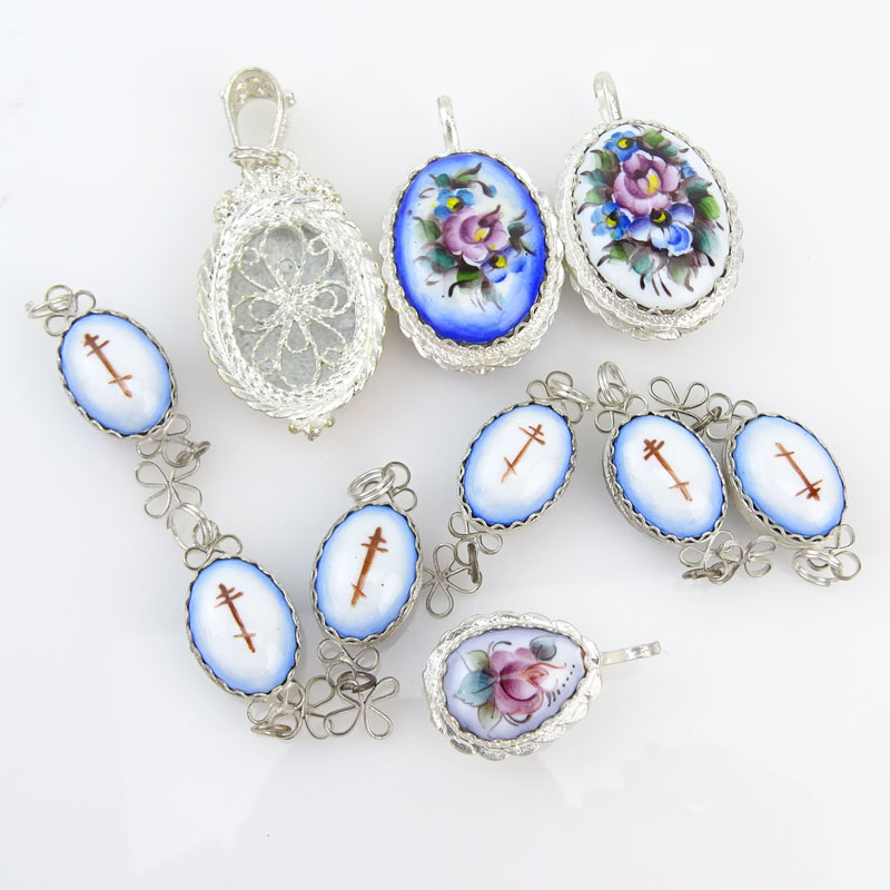 Collection of Ten (10) Russian Porcelain and White Metal Pendants