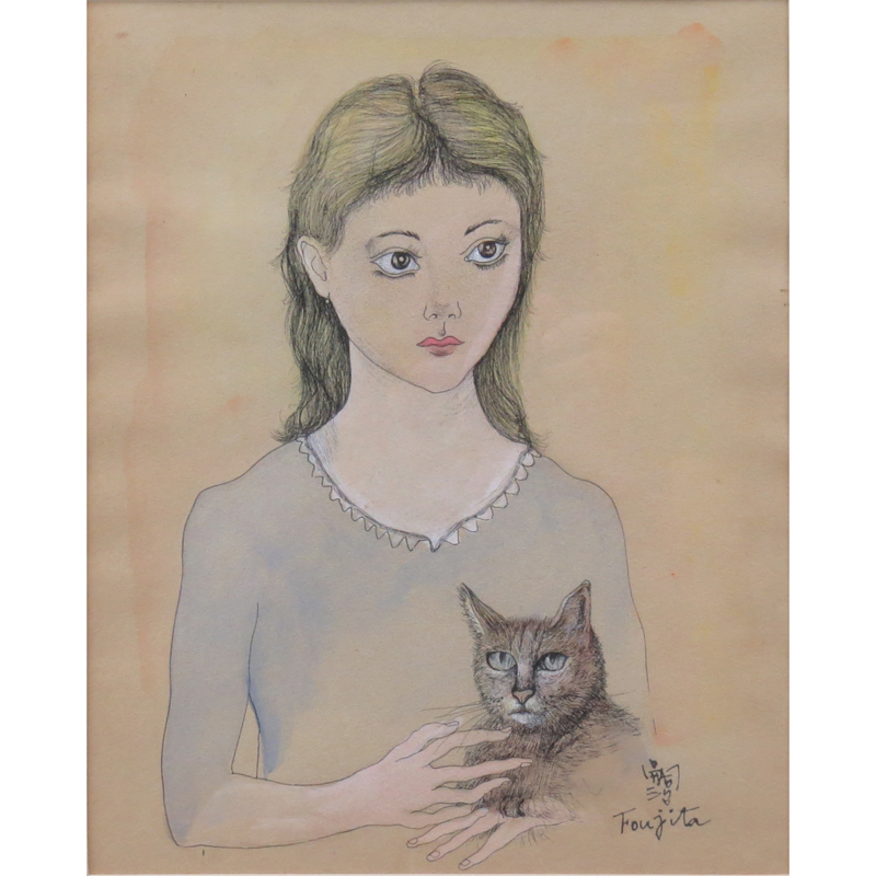 Attributed to: Leonard Tsuguharu Foujita Japanese/French  (1886 - 1968) Ink and watercolor on paper "Girl With Cat"