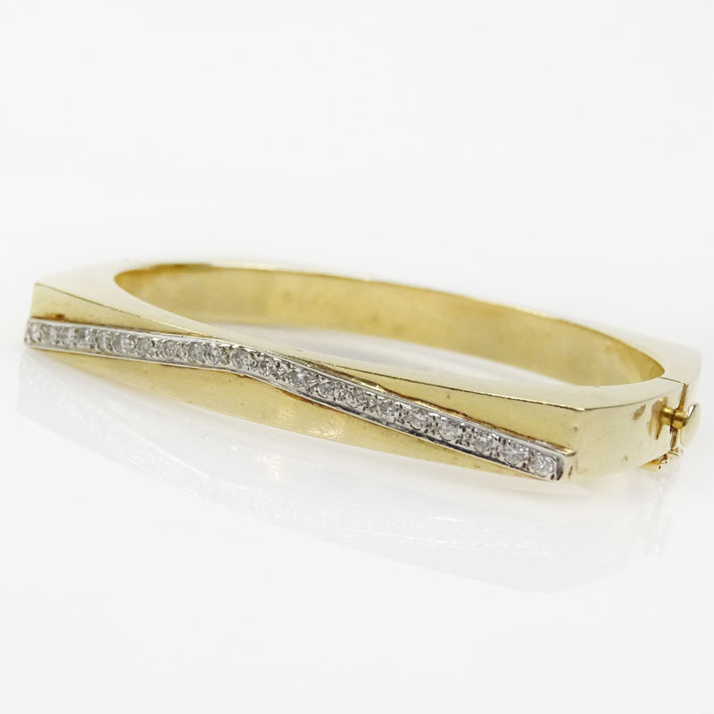 Vintage 14 Karat Yellow Gold and Diamond Hinged Bangle Bracelet