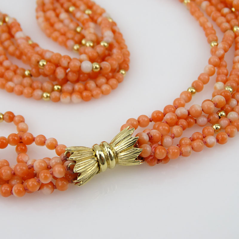 Vintage Six Strand Coral Bead and 14 Karat Yellow Gold Necklace