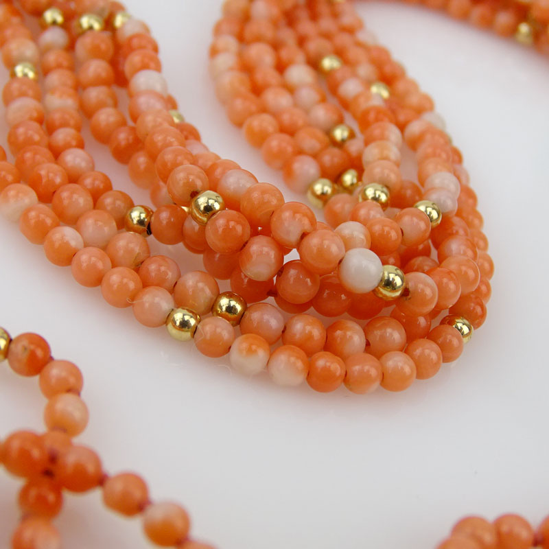 Vintage Six Strand Coral Bead and 14 Karat Yellow Gold Necklace