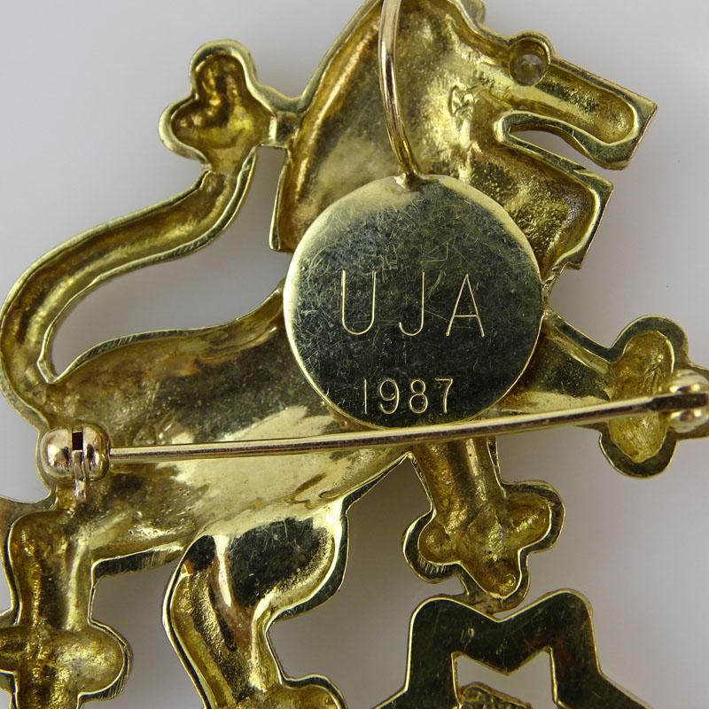 Vintage 14 Karat Yellow Gold Lion Pendant/Brooch with Star of David, Small Diamond Accent