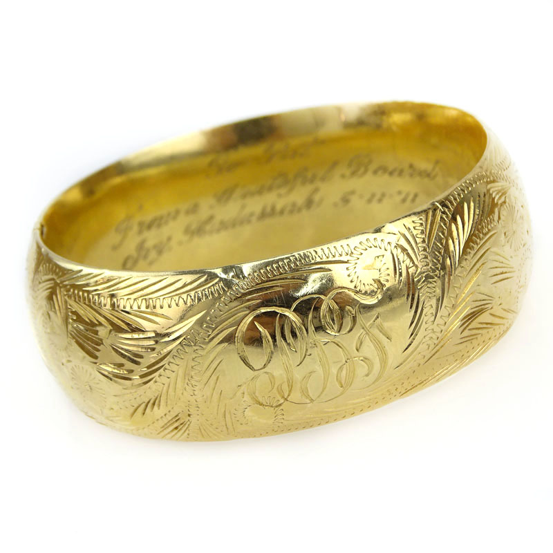 Vintage 14 Karat Yellow Wide Cuff Bangle with Engraving