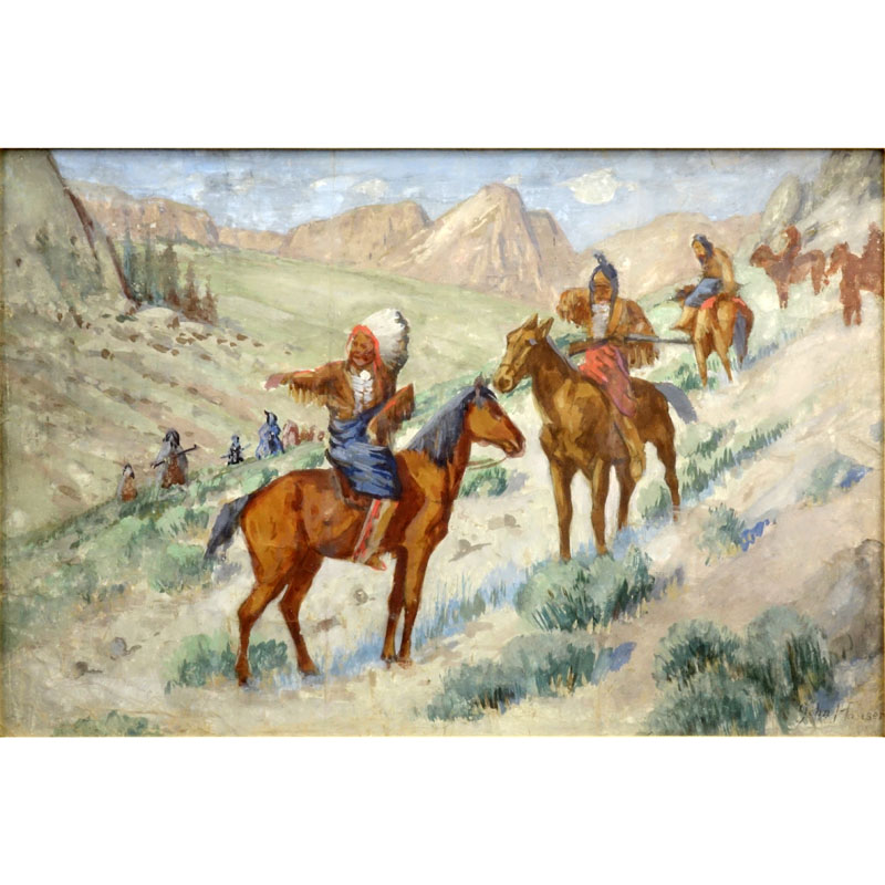 John Hauser, American (1859-1913) Gouache on Paper "Crossing the Plains" Signed Lower Right