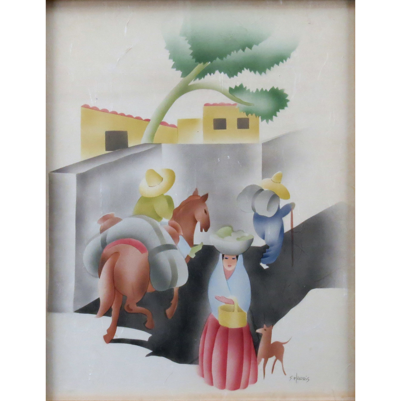 Circa 1930s American School Watercolor on Paper, Mexican Village Scene