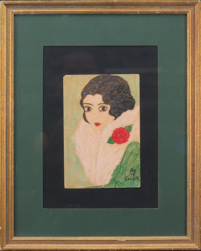 After: Leonard Tsuguharu Foujita, Japanese/French  (1886 - 1968) Oil Pastel On Paper "Girl With Rose" Signed lower right