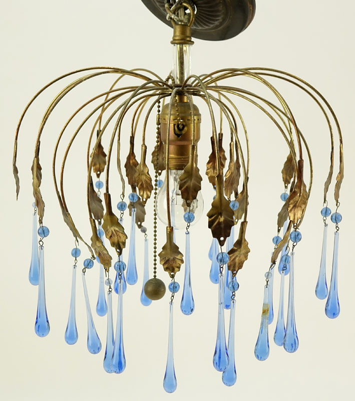 Mid Century Gilt Metal And Murano Glass Chandelier