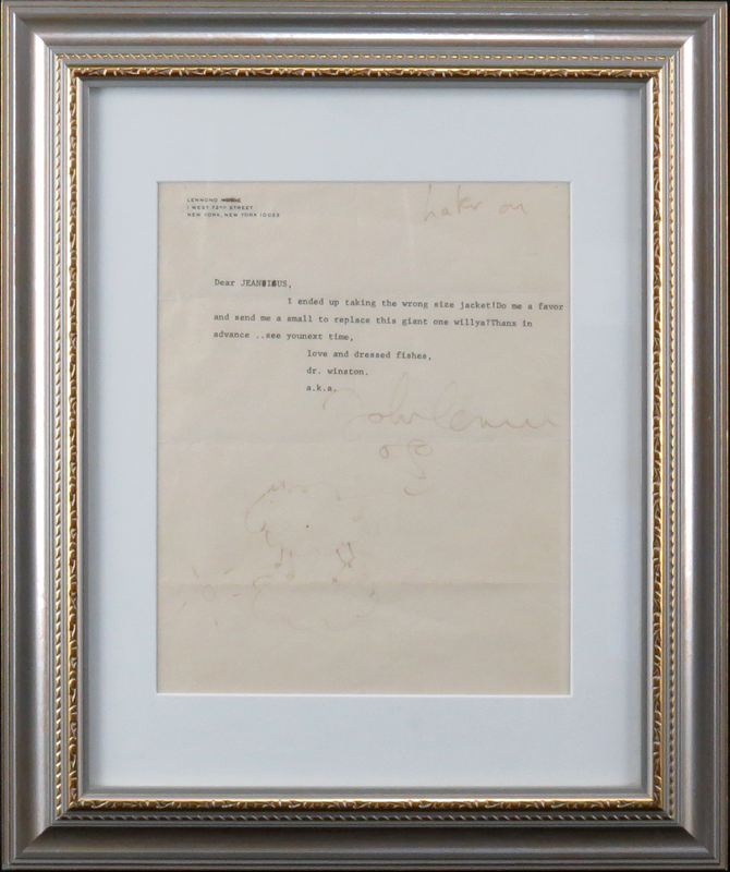 A Typed Letter From John Lennon On Personal Stationary With Handwritten Signature and Drawing