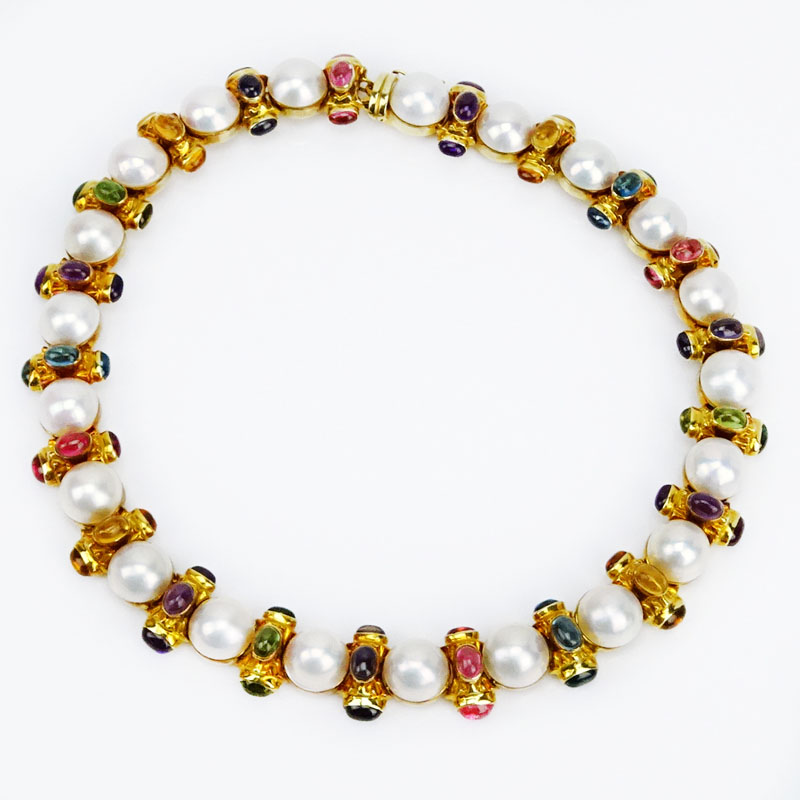 Bulgari style Mabe Pearl, Cabochon Multi Stone and 14 Karat Yellow Gold Necklace