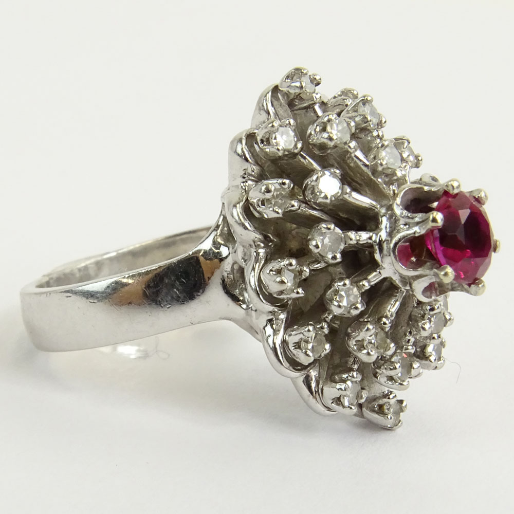 Vintage Round Cut Ruby, Round Cut Diamond and 18 Karat White Gold Ring