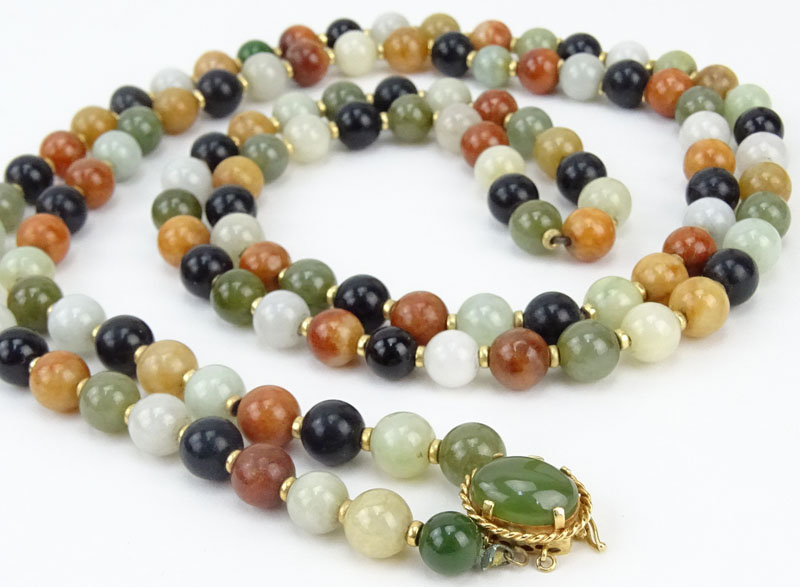 Vintage Multi Color Jade and Hardstone Bead Necklace with 14 Karat Yellow Gold Clasp