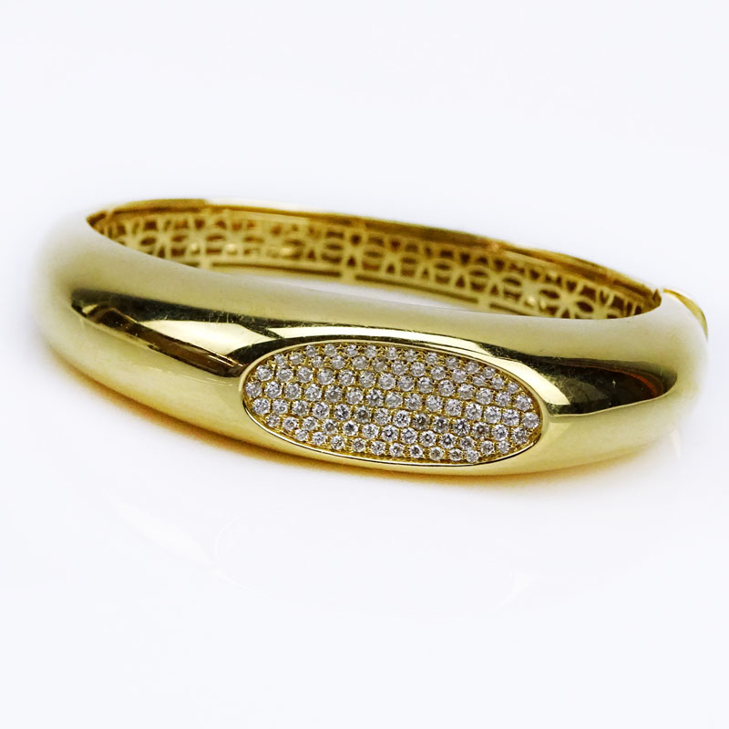 Lady's Roberto Coin style Micro Pave Set Diamond and 18 Karat Yellow Gold Hinged Bangle Bracelet