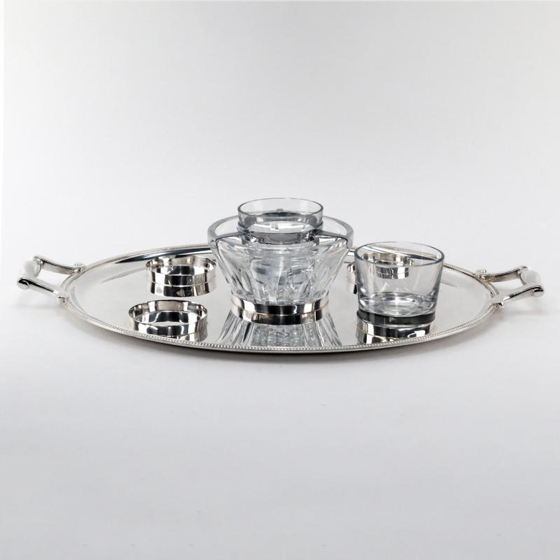 Christofle Gallia Silver Plate Serving Tray with Baccarat Crystal Caviar Server and Extra Bowl