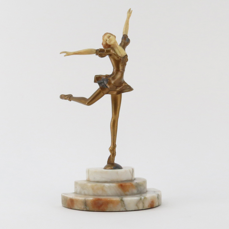 Art Deco White Metal and Celluloid Ballerina Dancer on Marble Base