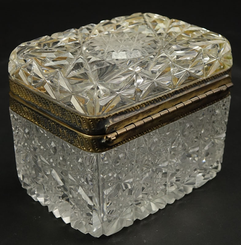 Antique Cut Glass and Brass Jewelry Box