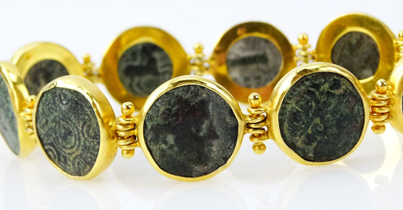 Vintage 18 Karat Yellow Gold Bracelet Set with Antique Roman Coins