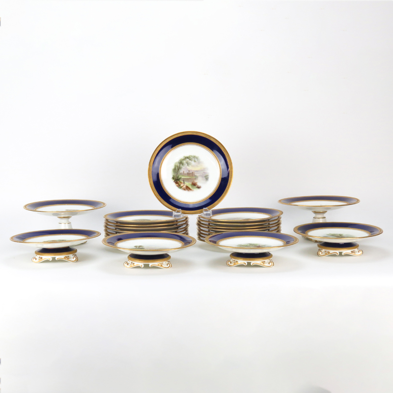 Twenty Three (23) Piece Antique Royal Worcester English Hand Painted Cobalt Blue and Gilt Scenic Desert Set