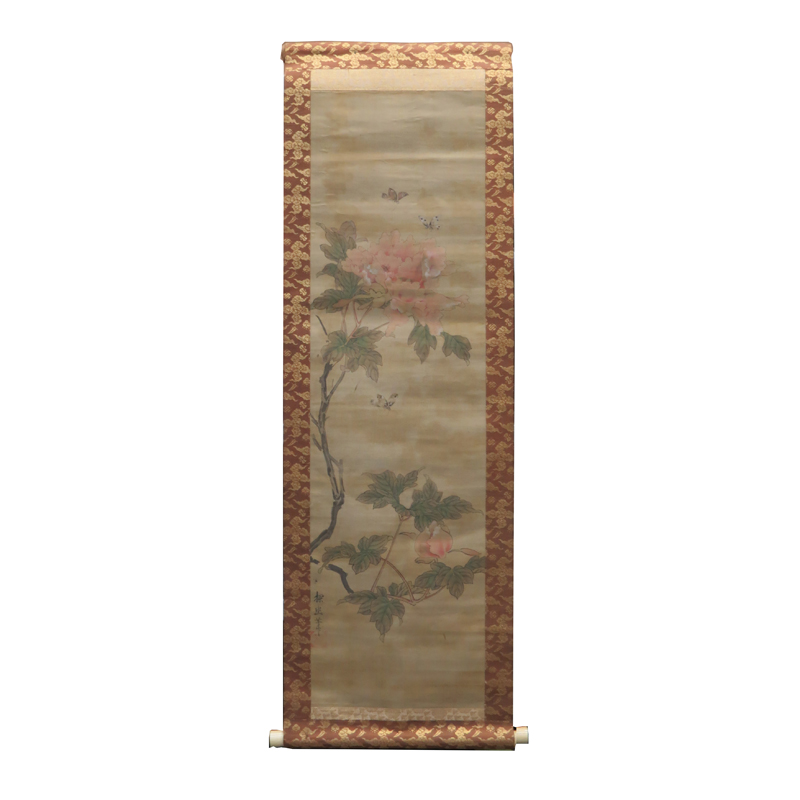 Possibly Kan? Tan'y?, Japanese (1602-1674) Watercolor On Silk Scroll "Flowers" Signed and stamped lower left