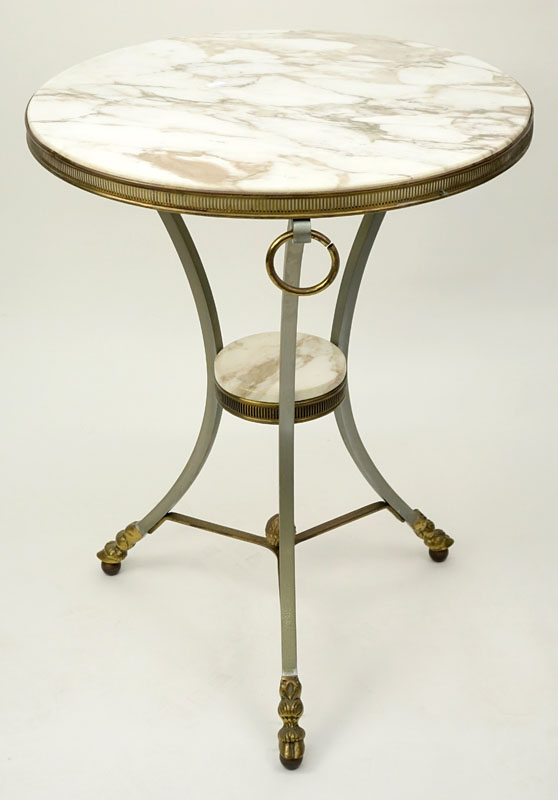 In the Manner of Maison Jansen: Mid Century French Stainless Steel and Brass Marble Top Gueridon