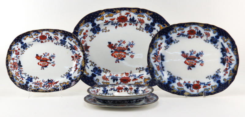 Sixty Four (64) Piece Set Of Antique English BB New Stone Flow Blue Imari Dinnerware