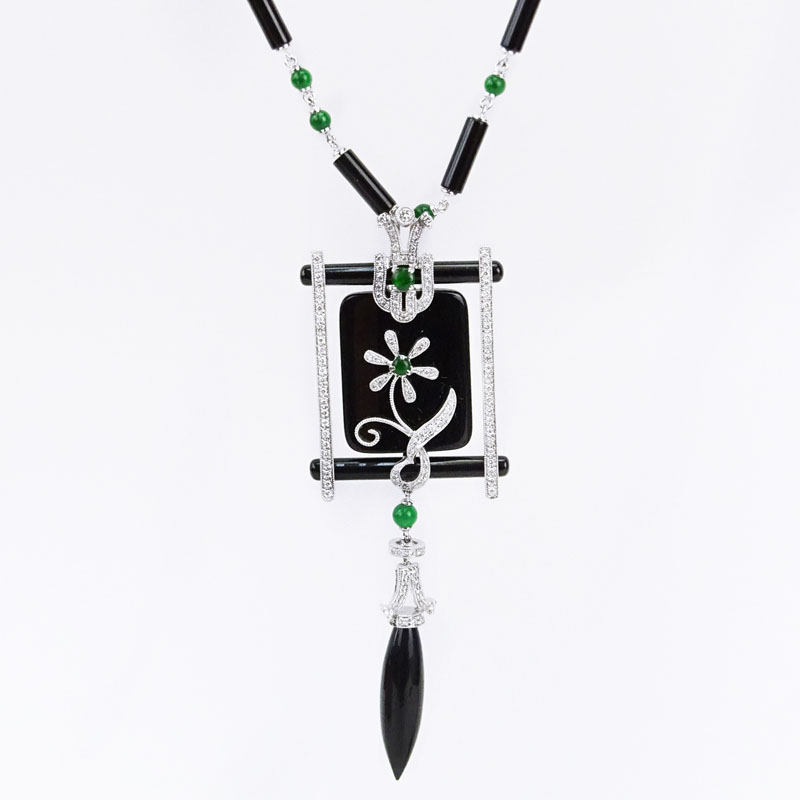 Art Deco style 18 Karat White Gold, Diamond, Onyx and Jade Pendant Necklace