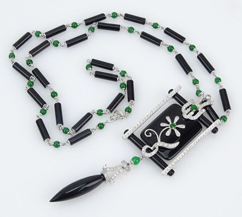 Art Deco style 18 Karat White Gold, Diamond, Onyx and Jade Pendant Necklace